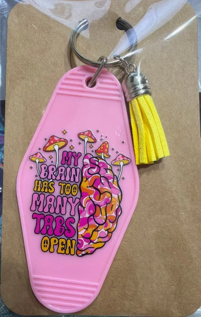 Too Many Tabs Open Pink & Yellow Tassel Vintage Hotel Motel Keychain Key Chain